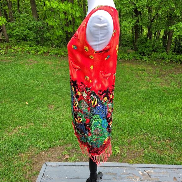 IN GEAR Sleeveless Orange Red Tropical Sea Dress with Fringe size Small - Picture 3 of 8